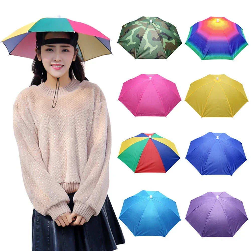 55cm Portable Rain Umbrella Hat Foldable Outdoor Fishing Anti-Sun Waterproof Umbrella Camping Head Cap Beach Head Hats