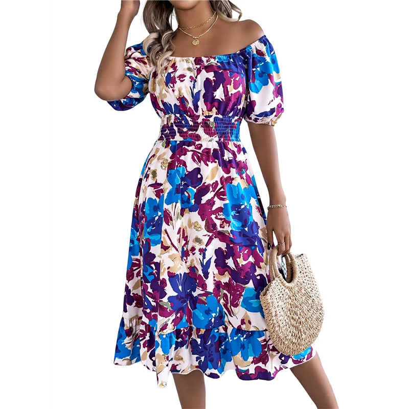 ABP-Vestiti casual estivi da donna 2025 Abito longuette smock floreale Boho con maniche a sbuffo e collo quadrato a trapezio