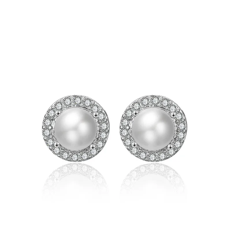 ZAKOL White Round Pearl Stud Earrings for Women Fashion Cubic Zirconia Bridal Wedding Jewelry EP2258