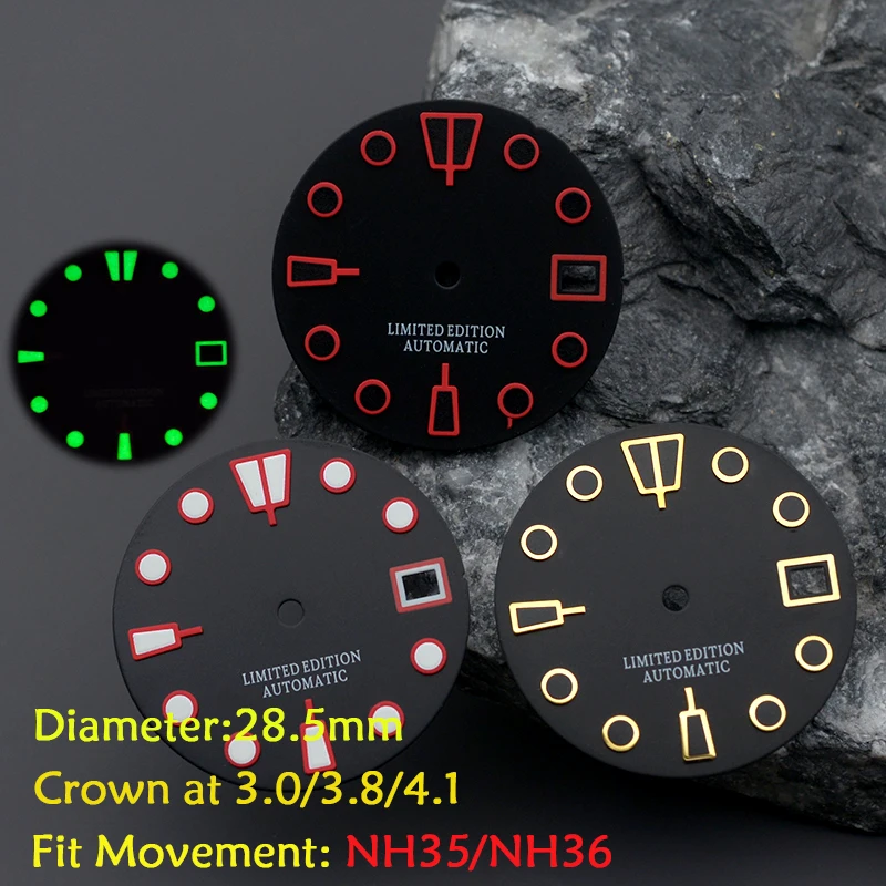 28.5mm Matte Black Watch Dial Fit SKX007 SKX009 6105 SRPD Tuna Monster Turtle Watch For NH35 NH36 Movement With Super C3 Green