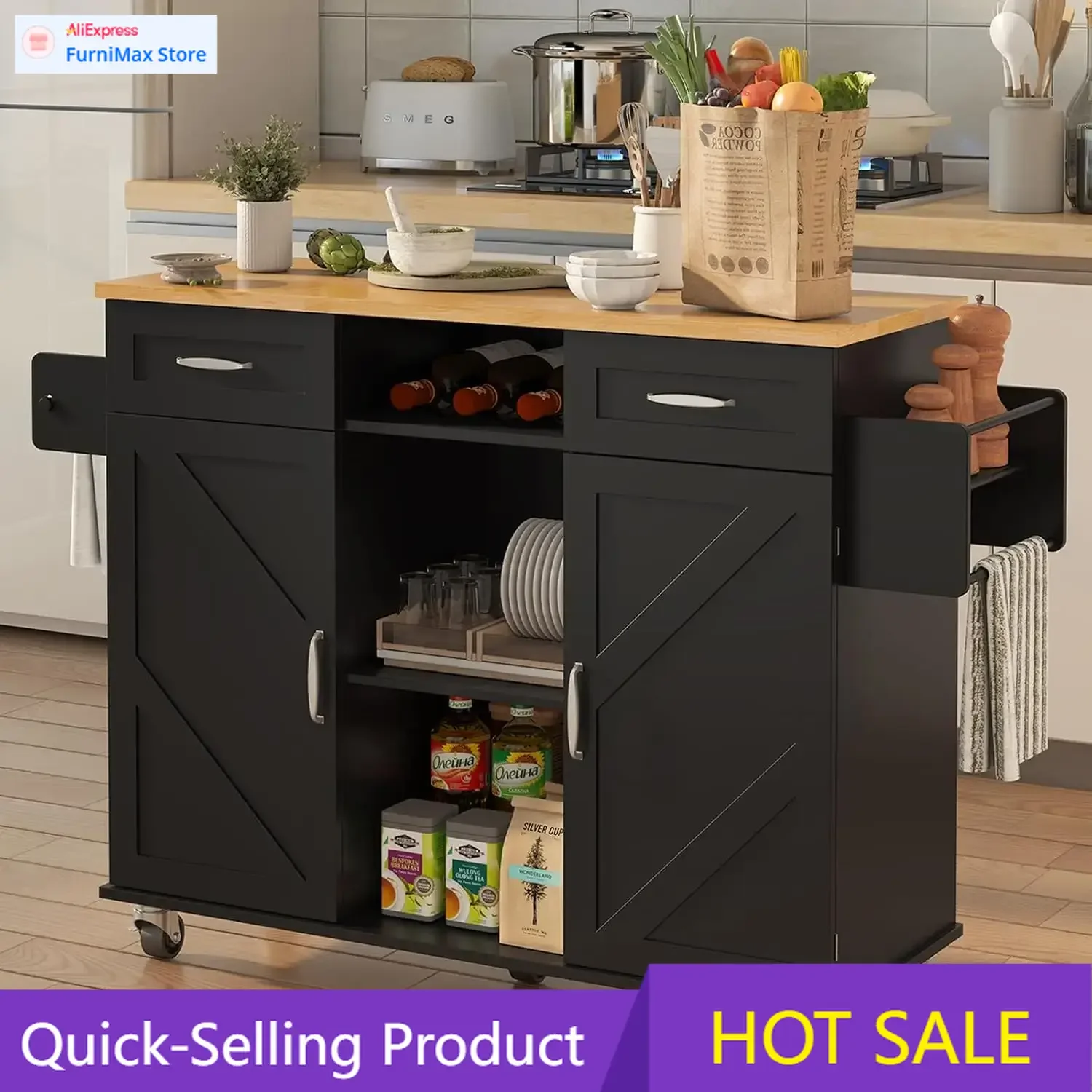 

Limited-time promotionFarmhouse Style Rolling Kitchen Island with Storage and Drop Leaf, Portable Mobile Cart on Wheels