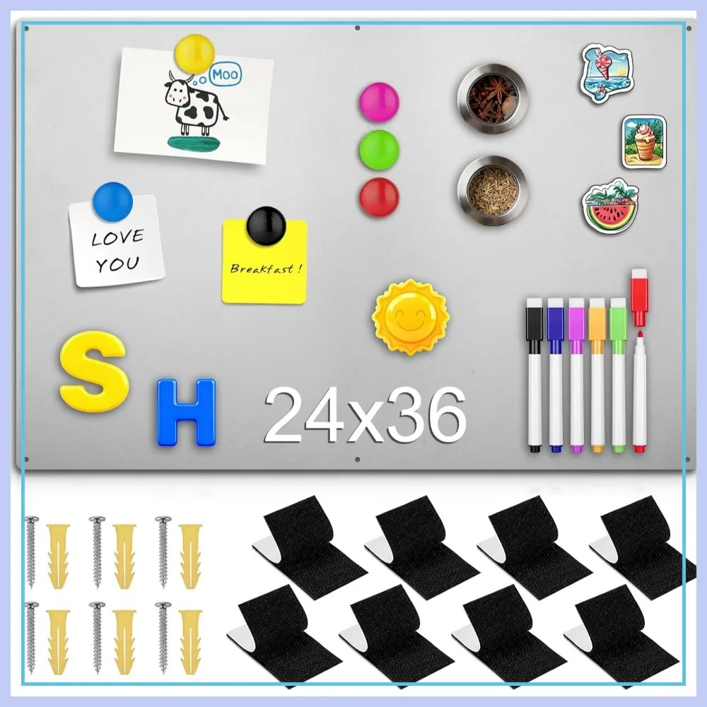 

24x36 Magnetic Bulletin Board, Silver Metal Display Board for Wall, Fridge Photos, Includes Marker Pen, Tape & Screws