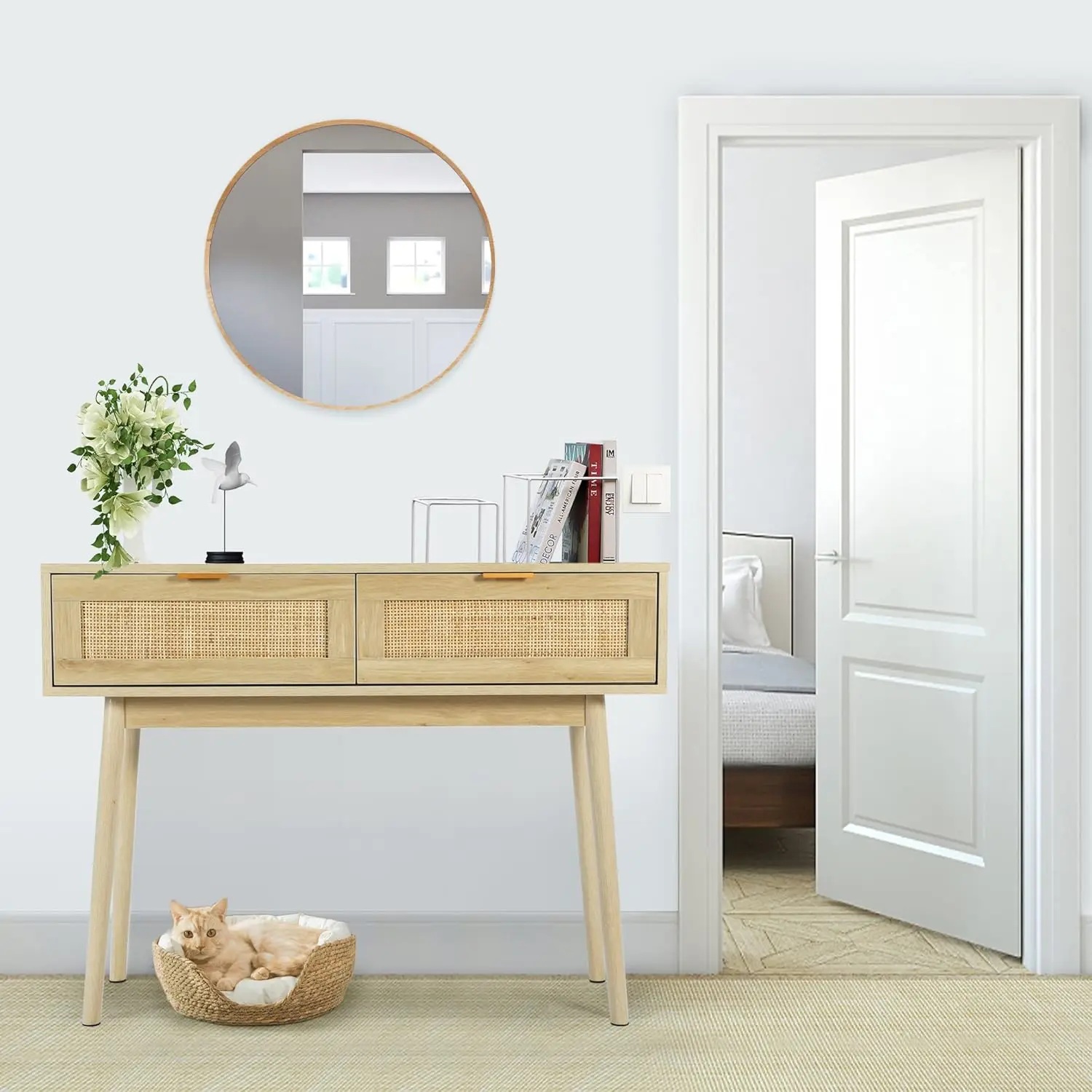 

Console Table Rattan Desk with Drawers, Oak Narrow Sofa Table with Pine Leg, Modern Small Entryway Table for Hallway and Living