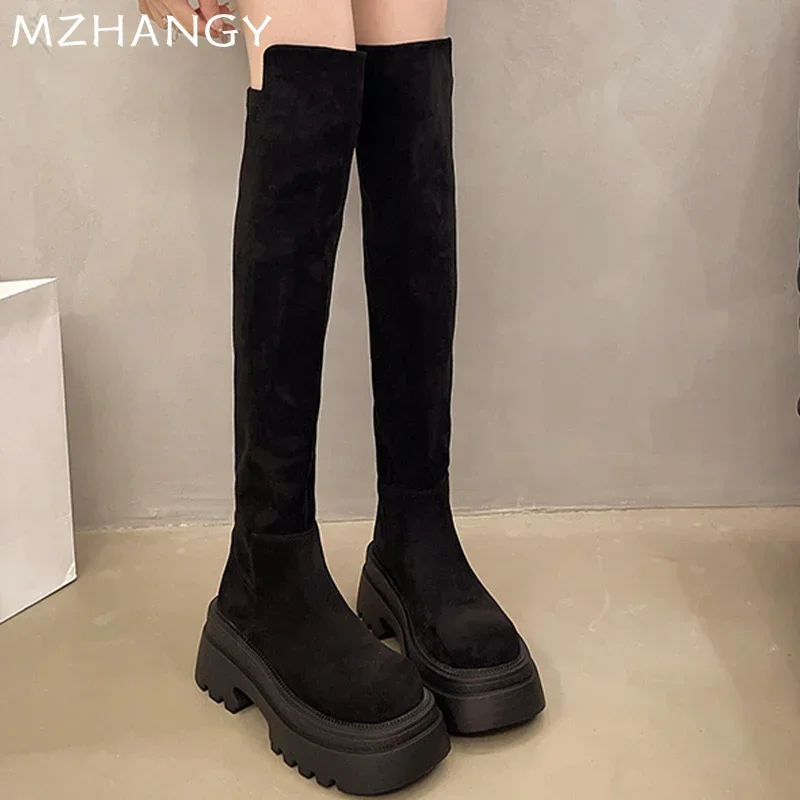 Women Suede Platform High Boots Over The Knee High Heels Shoes Woman 2025 Trend Winter Elegant Snow Motorcycle Boots Mujer Botas