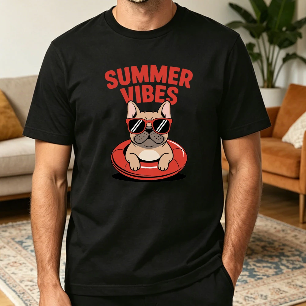 French Bulldog Summer Swim Ring Sunglasses Men T Shirt Summer Vibes Dog Lover Gift Beach Vacation Tee Cartoon Casual Holiday Top