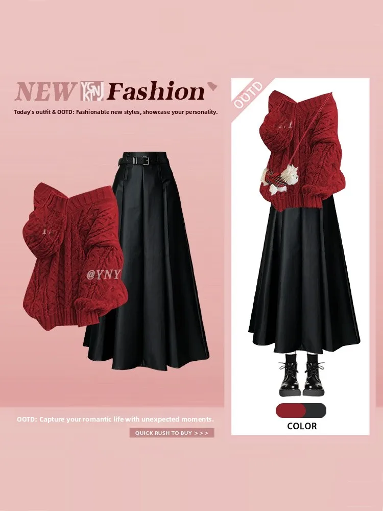 

Laid-ba Soft Knitted Loose Twist V-ne Sweater Winter Elegance High Waist Midi Skirt Two-piece Set College Sle Faion