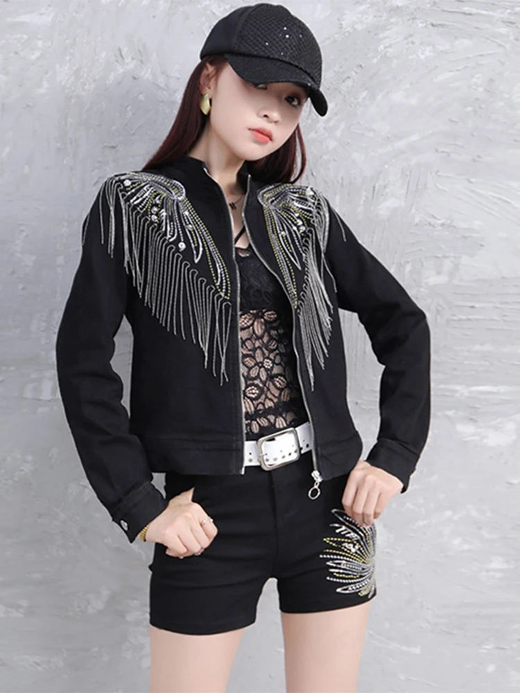 

Women's Heavy Duty Denim Set Long Sleeve Jacket And Shorts Two Piece Suit Fashionable Rivet Tassel Sequin Trendy Spring Casual