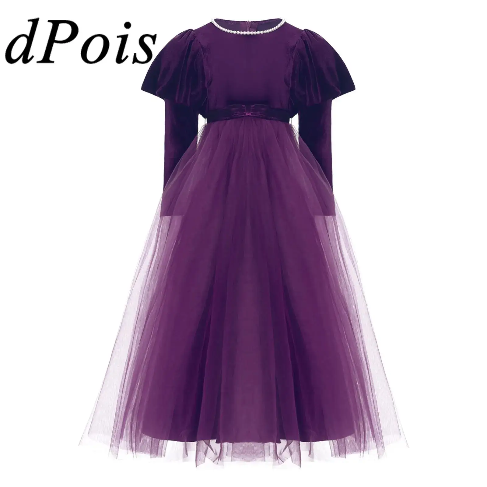 

Kids Girls Elegant Velvet Dress Puff Long Sleeve Tulle Princess Dress Ballroom Dancing Modern Dance Evening Birthday Party Gown