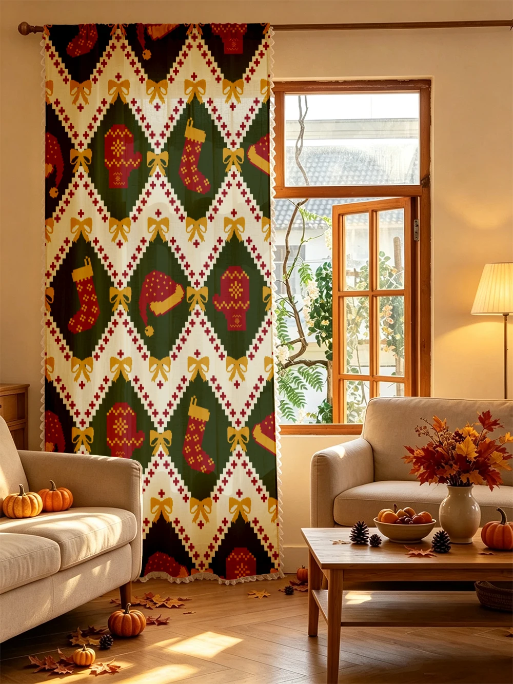 1PC Christmas Winter Tassel Sheer Curtains, Fair Isle Knit, Digital Print, Linen Polyester, Bedroom Living Room, Home Decor