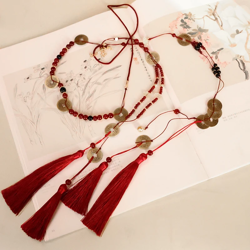 

Chinese style red fringed waist, forbidden to walk ancient Hanfu horse dress accessories, copper coin waist chain