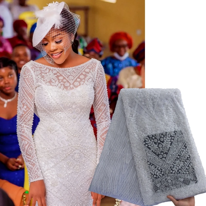 3ヤード高品質レース刺繍スパンコールネットレース、ビーズ付き最新のアフリカンスパンコールレース生地、女性用ウェディングパーティードレス用