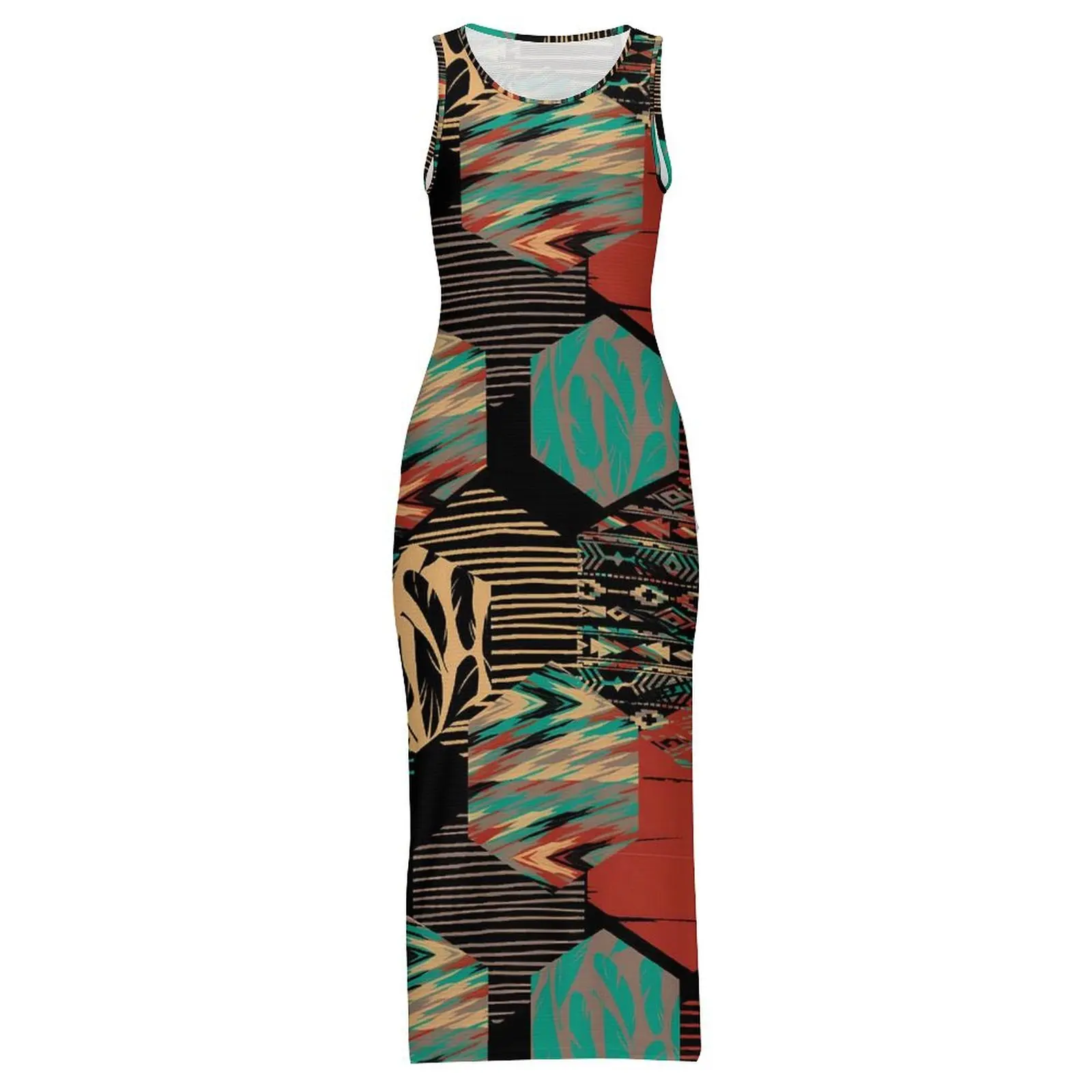 Tribal Print Bodycon Dress Spring Cute Ethnic Vintage Maxi Dresses Women Sleeveless Design Street Style Dress Big Size 3XL 4XL
