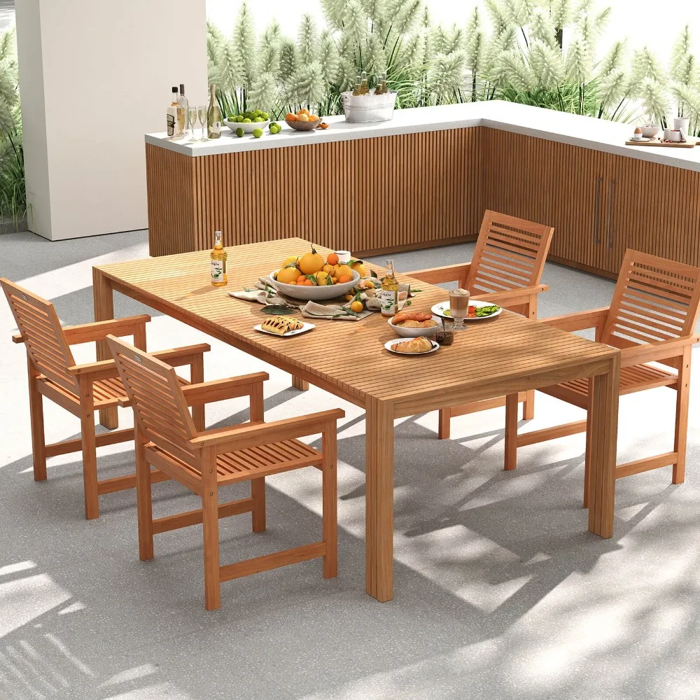 

7-Piece Patio Wood Dining Table Set, Outdoor Rectangular Table and 6 Armchairs
