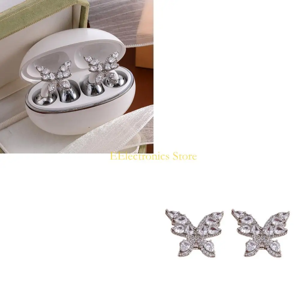 B03C Sparkly Rhinestones Bows Ear Clip Adornment Metal Headphone Customization