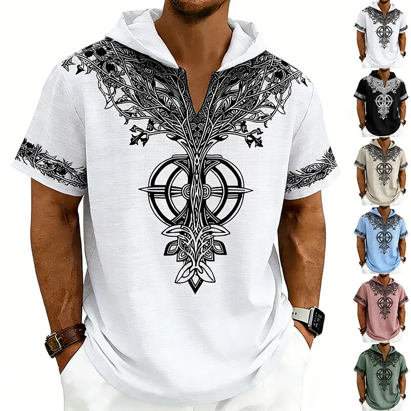 Cross-border men's tree of life print hooded short sleeves, summer bamboo hemp retro ethnic style