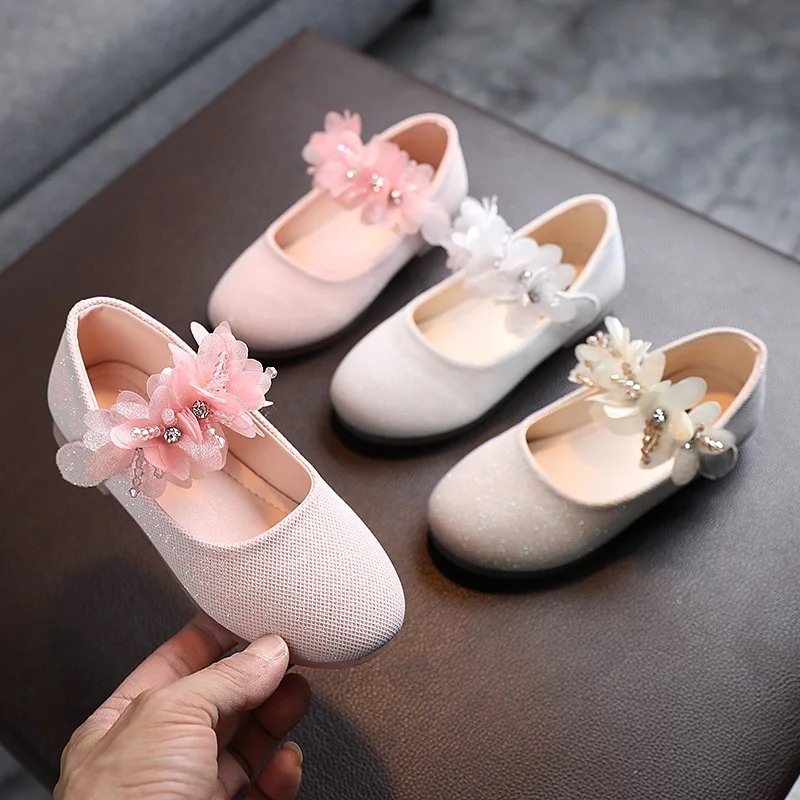 Children's Shoes For Girls Fashion Solid Color Sequined Soft Bottom Non Slip Leather Princess Shoes With Flowers 3-8Y