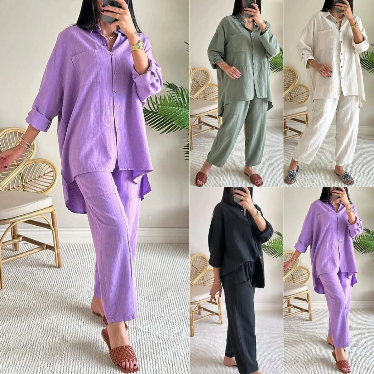 

Women's plus Size Cotton Linen Shirt Set High Waisted Nine Pants Commute Style Long Sleeve Winter Fashion Set Three Pieces