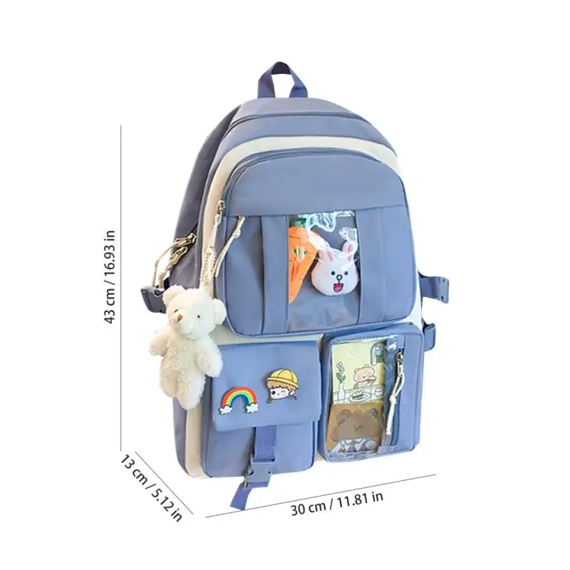 Backpack For School Aesthetic 4-pcs Girls School Backpack Shoulder Bag Pencil Bag Waist Bag Set With Cute Pins And Pendants For