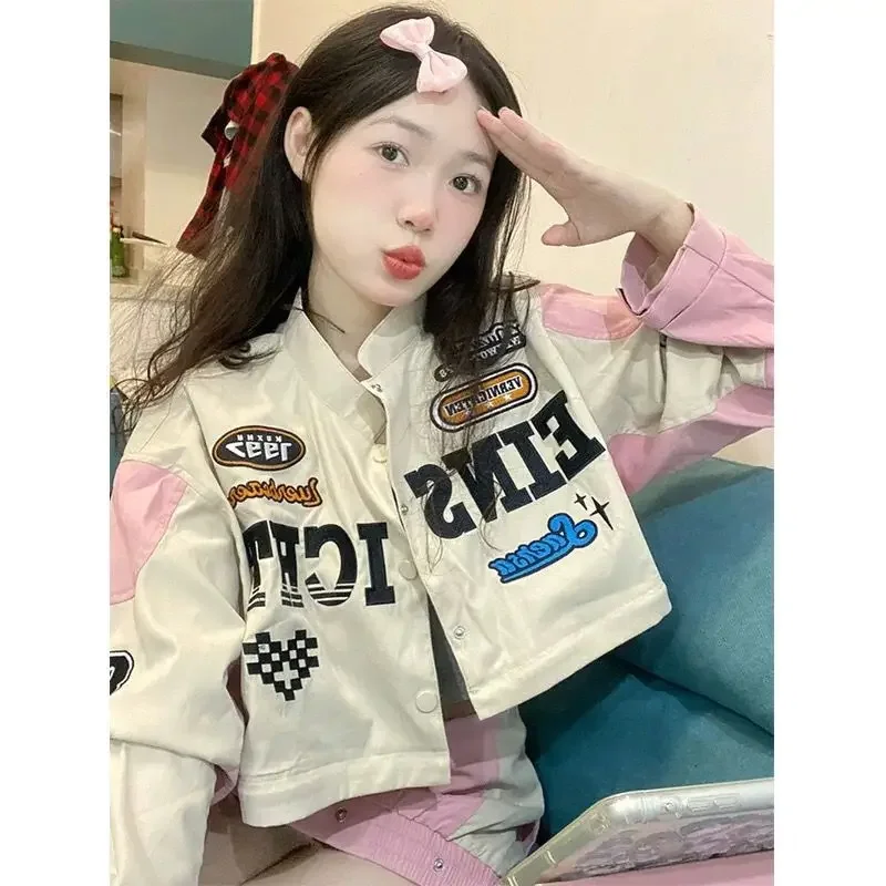 

Motorcycle pink jacket women American retro couple detachable cycling baseball jackets y2k tops new clothes harajuku clothes