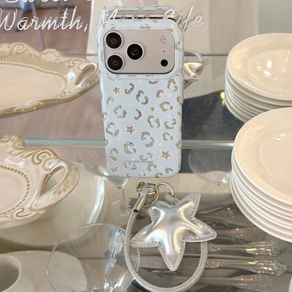 Korean Style Stars Leopard Print Glossy With Pendant Lanyard Shockproof Protective Phone Cover Case for iPhone 17 16 15 Pro Max view 4