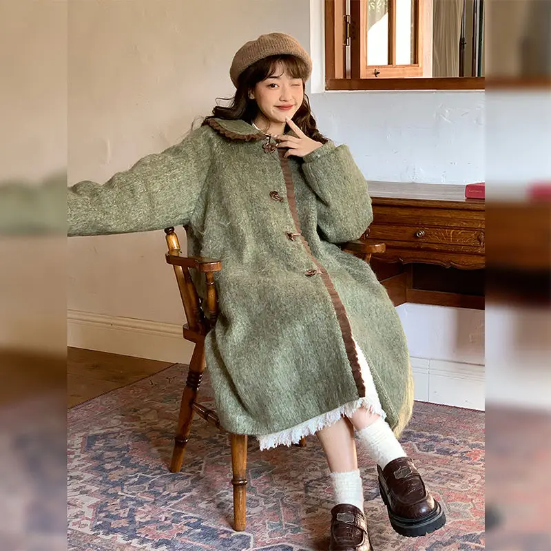 Japanese Style Vintage Thickened Long Tweed Coat Sweet Kawaii Doll Collar Embroidery Women Tweed Jackets 2025 Autumn Winter