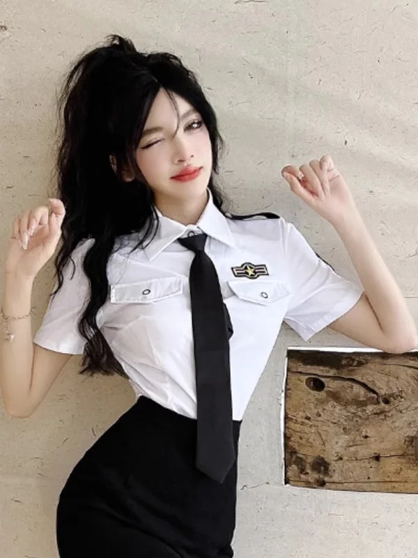 Seksowny strój stewardesy na Halloween, zestaw JK, odzież do pracy w klubie nocnym/barze, czysta pokusa, bluzka, obcisła spódnica, poliester B...