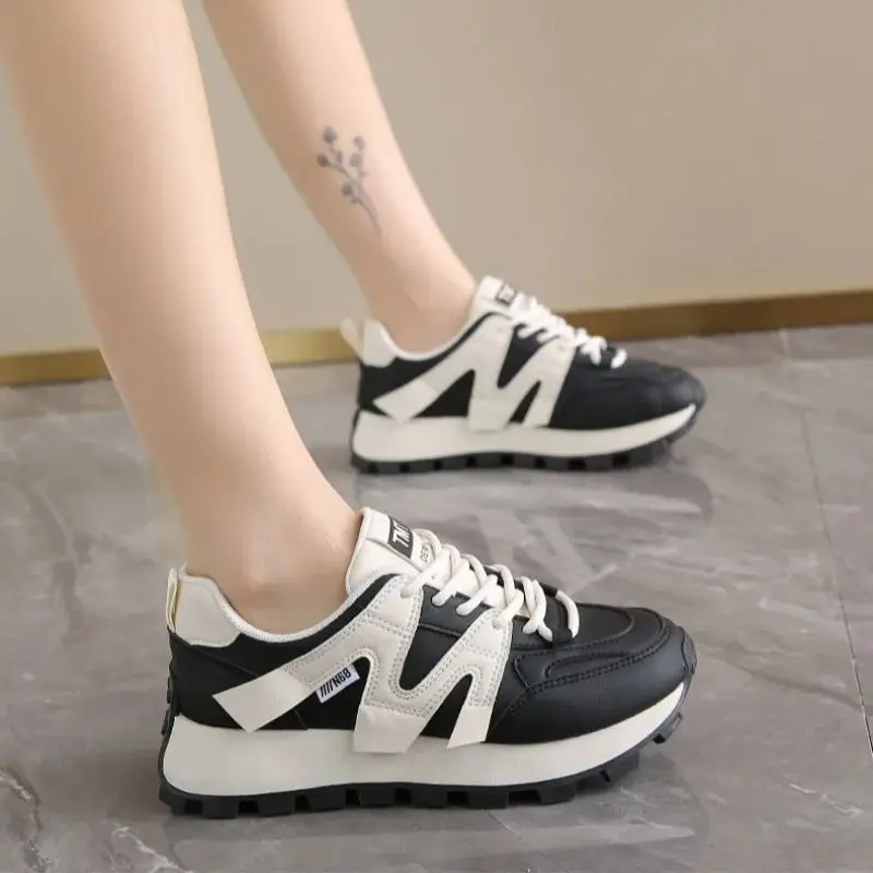 Women's Leather Low-Top Versatile Thick-Soled Dad Shoes Breathable Sports Casual Running Spring Autumn Middle-Aged Young People