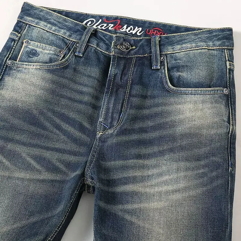 Italian Style Fashion Men Jeans High Quality Retro Blue Elastic Stretch Slim Fit Ripped Jeans Men Vintage Designer Denim Pants