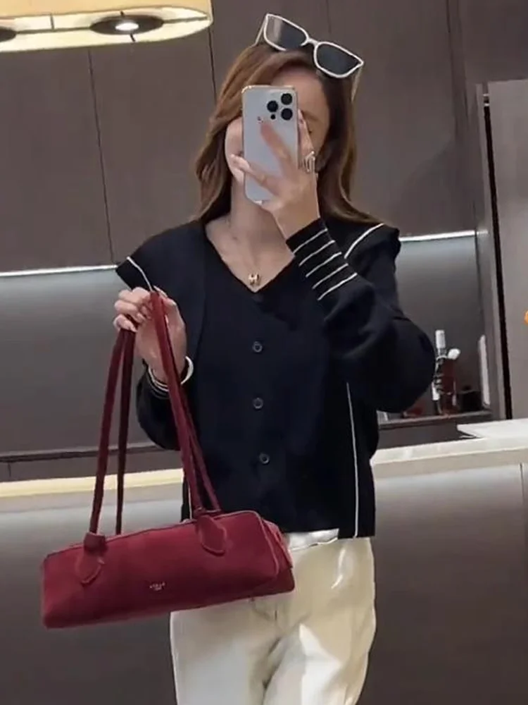 

Faionable Knitted Navy Collar Long Sve Wide Leg Pants Set Women's Anti-Wrinkle Mid-Length Zipper Closure Casual Workwear