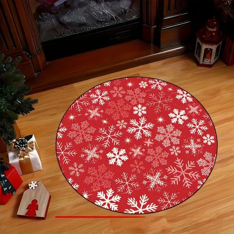 Red Snowflake Round Christmas Rug Santa Sleigh Reindeer Bell Bow Vortex Holiday Decor 80x80cm