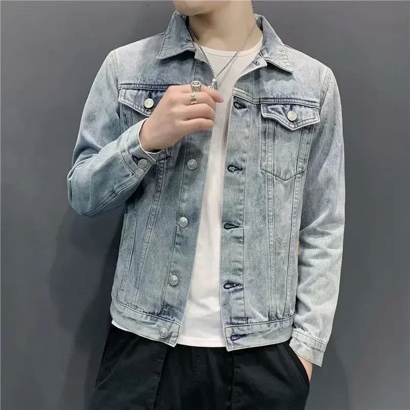 

Denim Jackets Man Ripped Button Light Jeans Coat for Men with Hole Slim Fit Casual Big Size Fast Delvery Low Price High Quality