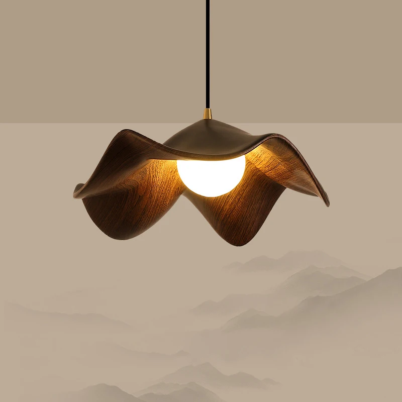 2026 Wabi Sabi Lotus Leaf Original Wood Grain Color Pendant Lamp Japanese Resin Flower Chandelier For Restaurant Bar Bedroom Lig