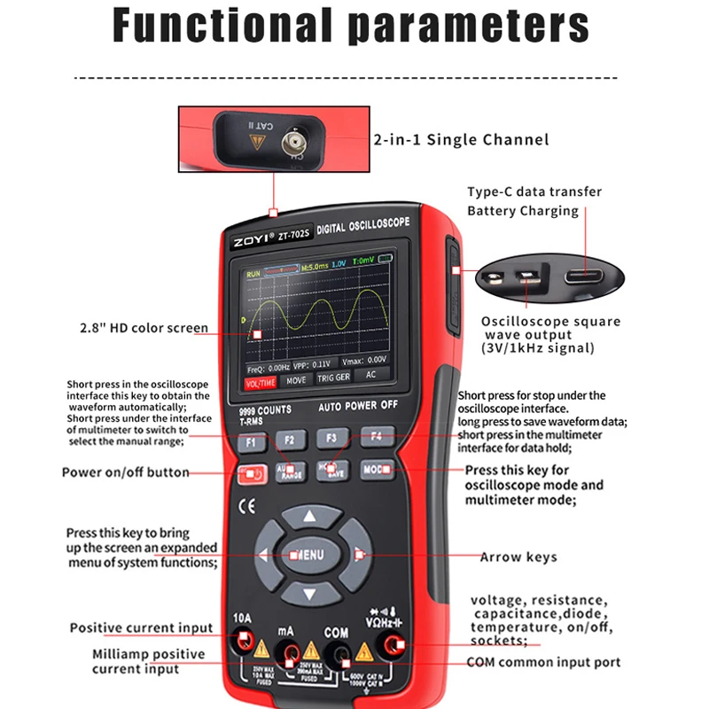 ZT702S Digital Oscilloscpe Multimeter Auto True RMS Tranistor XE-702S Multimetro 48M/S 10Mhz PC Waveform Digital Oscilloscope