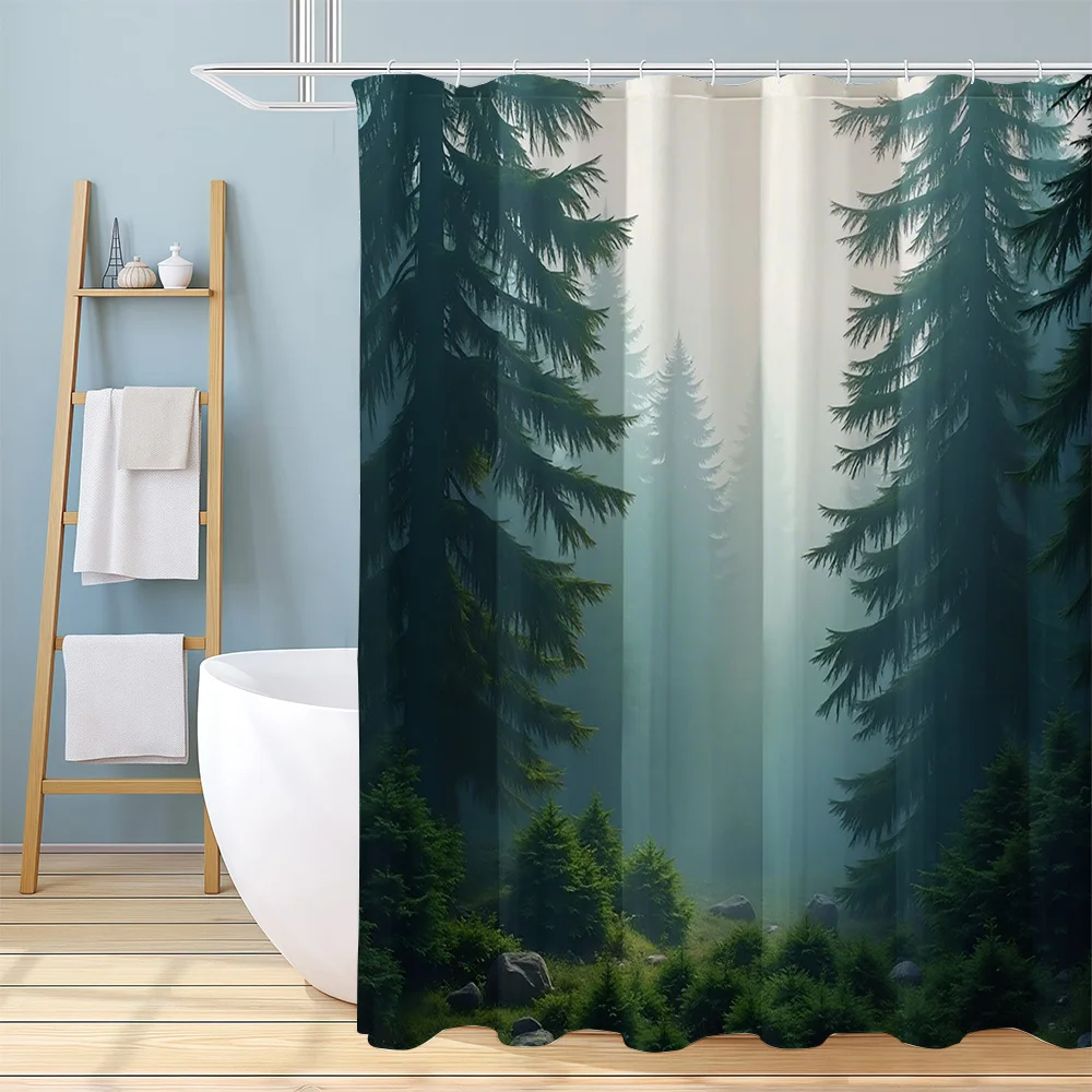 1 Misty Pine Forest Pattern Printed Shower Curtain, a Natural And Fresh Home Decor Bathroom Curtain, with 12 Hooks, Suitable for
