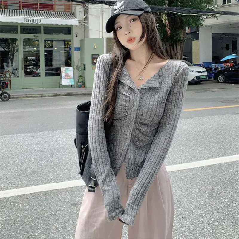 Lapel Long Sleeve Irregular Knitted Shirt for Women\'s Spring Autumn Korean Edition 2024 New Slim Fit Casual Personality Chic Top