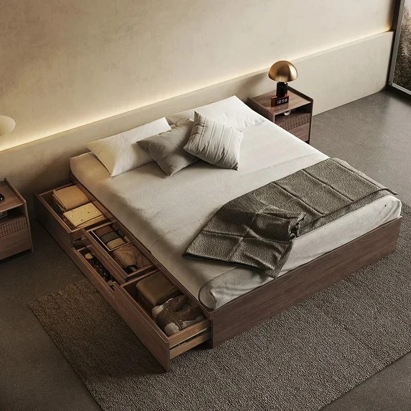 walnut no bedside storage solid wood high box bed small apartment storage tatami drawer box floor