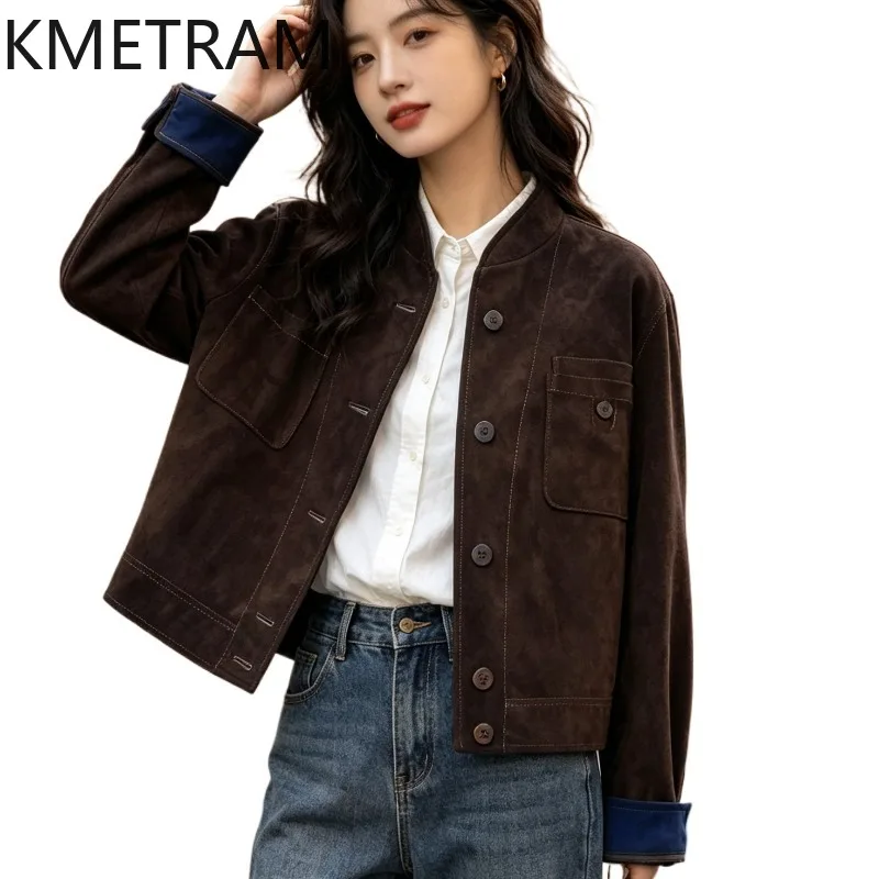 KMETRAM High Quality Goatskin Suede Genuine Leather Jacket Woman Vintage Crop Leather Coats Slim Fit Jackets of Woman Chic 가죽자켓