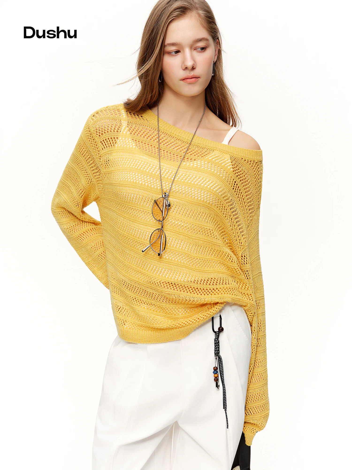 

DUSHU Loose Fit Hollow-out Knit Pullovers Round Neck 2026 Spring New Arrival Leisure Solid Chic Cover-up Wool Top Holiday