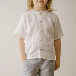 Boys Cotton And Linen Short-Sleeved White Shirt Summer New Children's Casual Loose Single-Breasted Linen Shirts Kids Tops TZ437