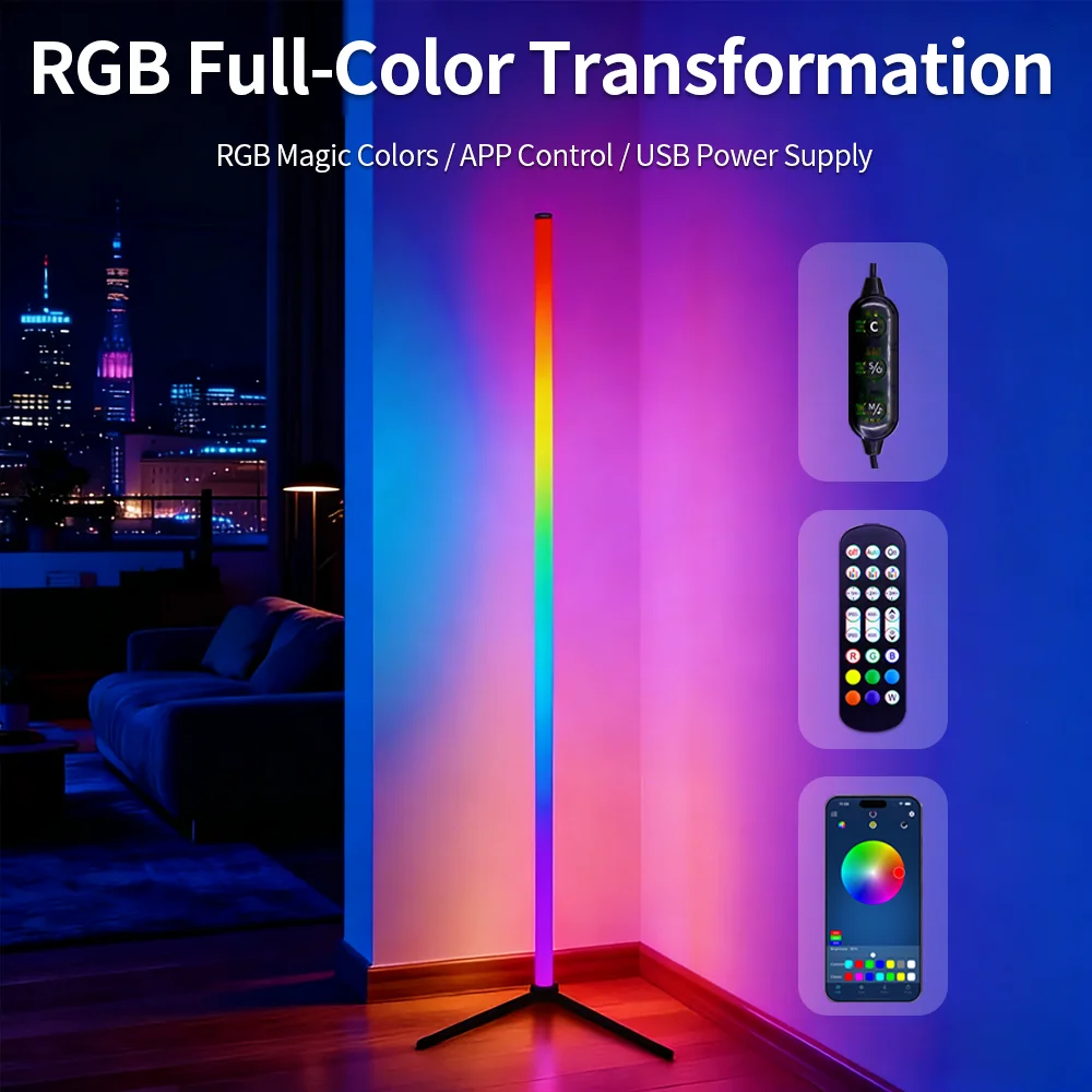 

122cm RGB Corner Floor Lamp Music Sync Pickup Ambient Light APP Remote Control LED Gaming Corner Light for Living Room Bedroom