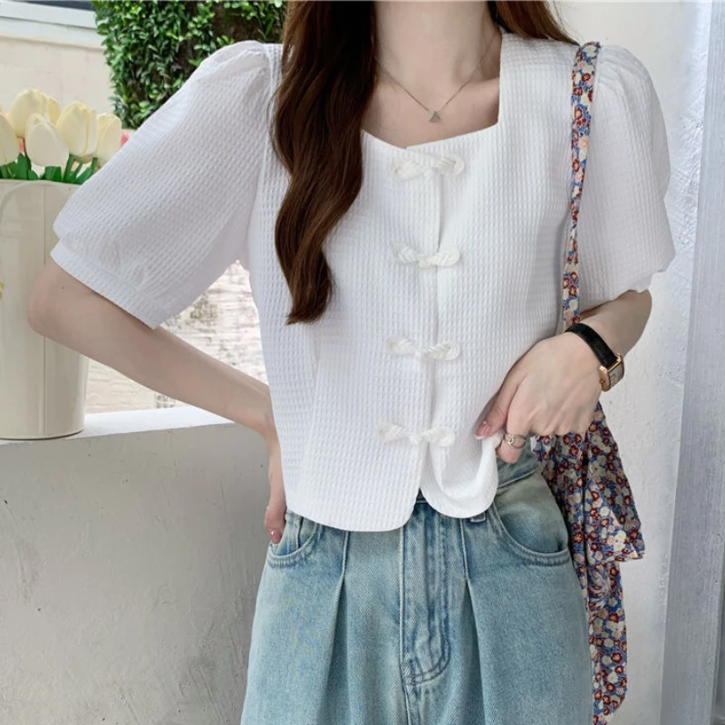 Crop Tops Shirts Women Vintage Chic Buttons Chinese Style Square Collar Summer Fashion Tender Girlish Streetwear Simple Students