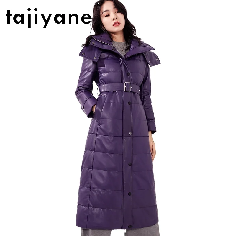 TAJIYANE 100% Prawdziwa Skóra Owcza Płaszcz Puchowy Damski Skórzana Długa Kurtka Puchowa z Kapturem Nowość na Zimę 2025 Odzież Damska