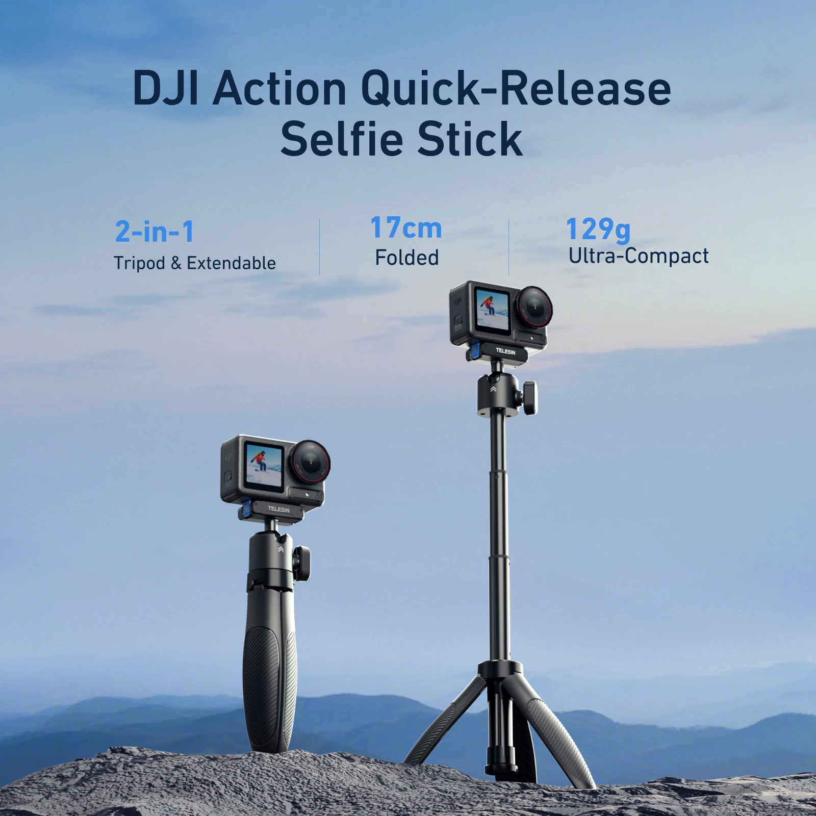 TELESIN Selfie Stick Tripod Portable Quick Release Aluminum Alloy Holder for GoPro 13 GoPro13 DJI Action 5pro 4 Camera Hand Grip