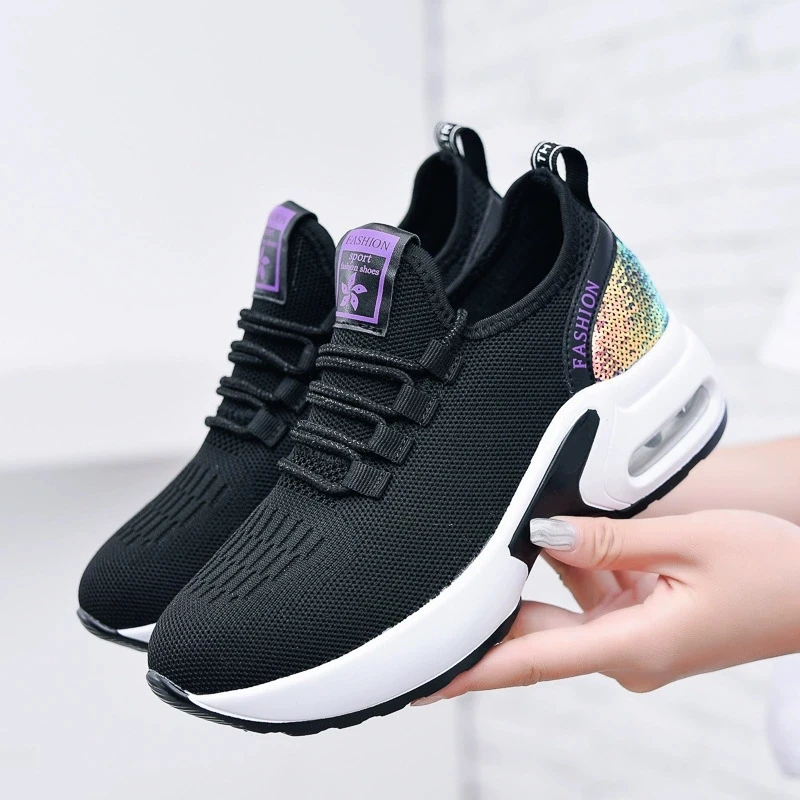 Women's Black Breathable Mesh Sneakers with Air Cushion Wedge Heel Platform Shoes for Walking Daily Wear Shoes Casual for Female