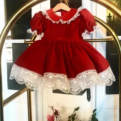 Baby Girl Autumn Winter Red Velvet Letter Embroidery Vintage Spanish Princess Ball Gown Dress for Eid Causal Christmas C290