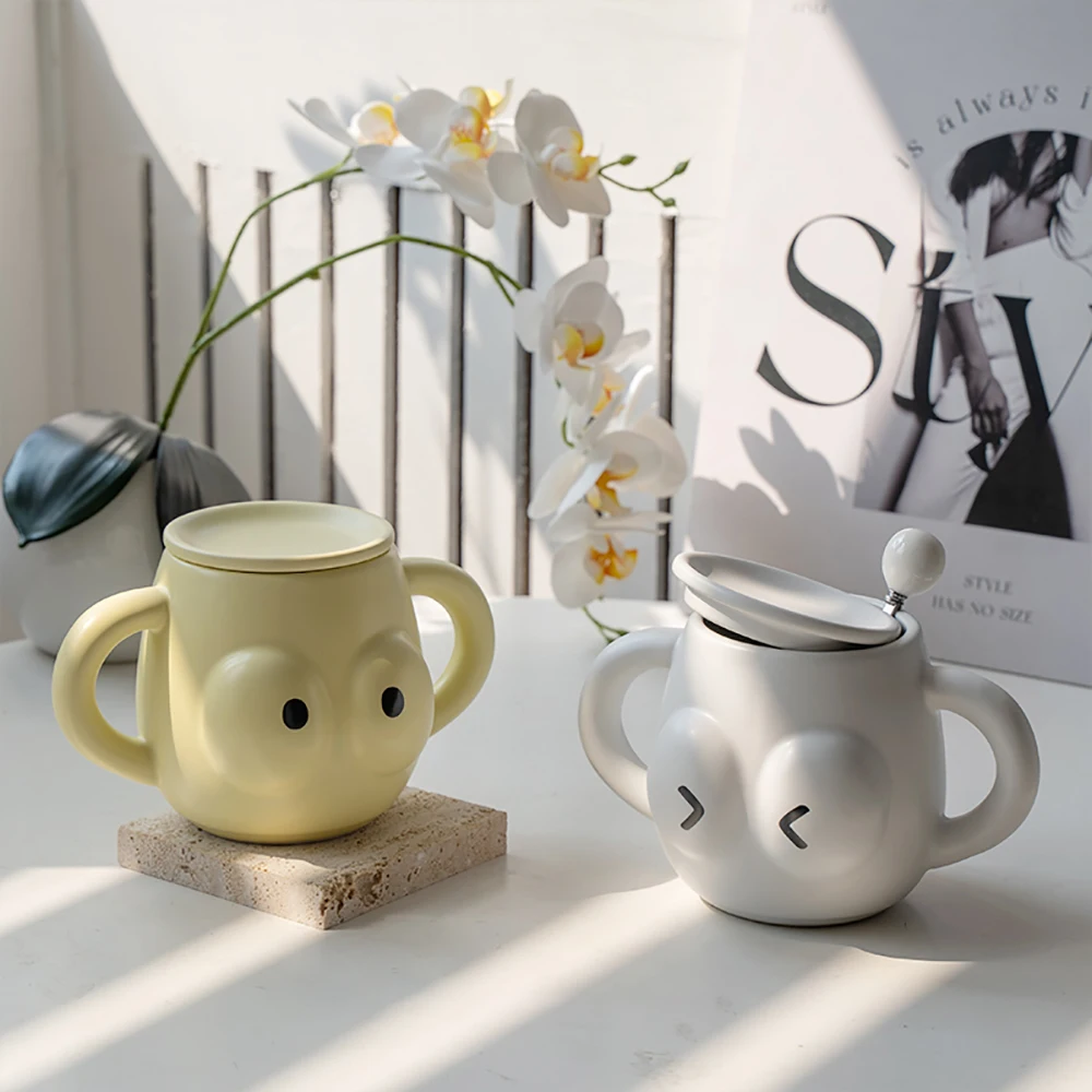 320ml Cute Ceramic Mug With Big Eyes And Lid Spoon High Beauty Water Cup For Home Office Couple Matching Cup Children's Gift