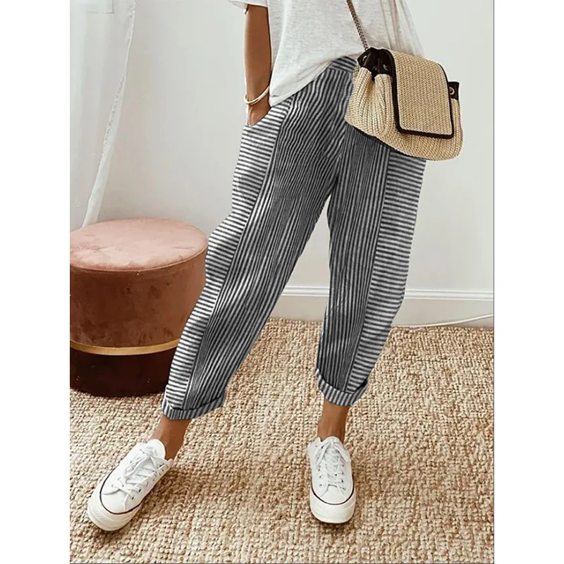 Summer Women's Cropped Pants With Woven Jacquard Stripes And Patchwork Design Loose Casual Pants For Women