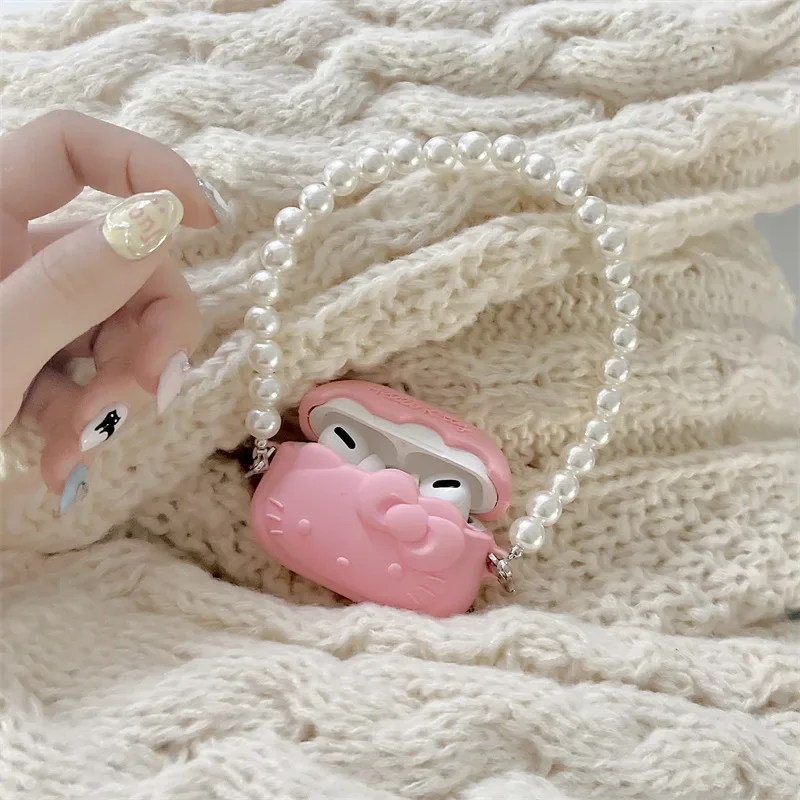 Hello Kitty Pink Handbag Case For Airpods Pro Case,Soft Silicone Cover With Pearl Keychain For Airpods 3 Case/Airpods 1/2 Case