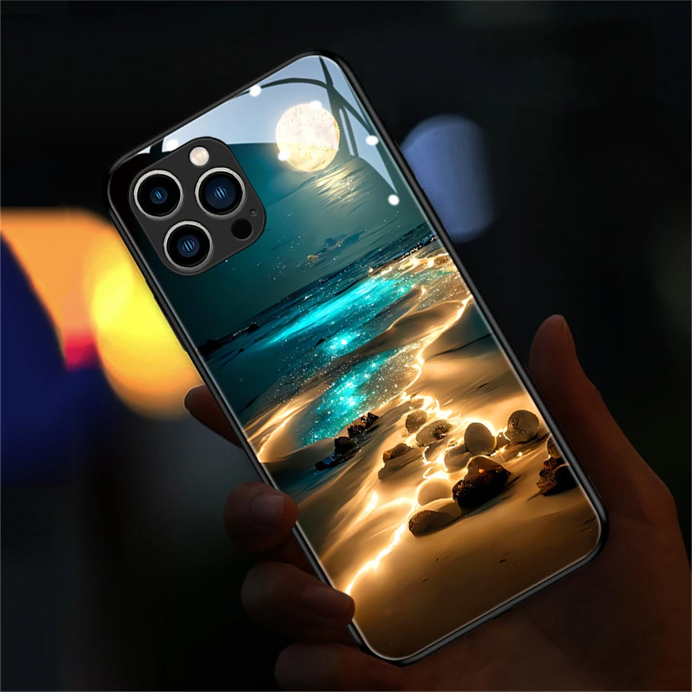 Pretty Moonlight Beach LED Light Up Case Glass Luminous Back Cover For Honor 200 100 90 80 70 60 50 30 Pro