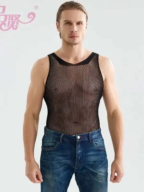 Roupas combinando exóticas sm mulheres corajosas pessoa colete de malha masculina com alças fishnet malha rendas regatas colete sexy topos 5niuw